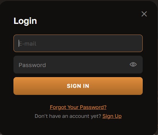 CrownGold Casino login window with email and password fields