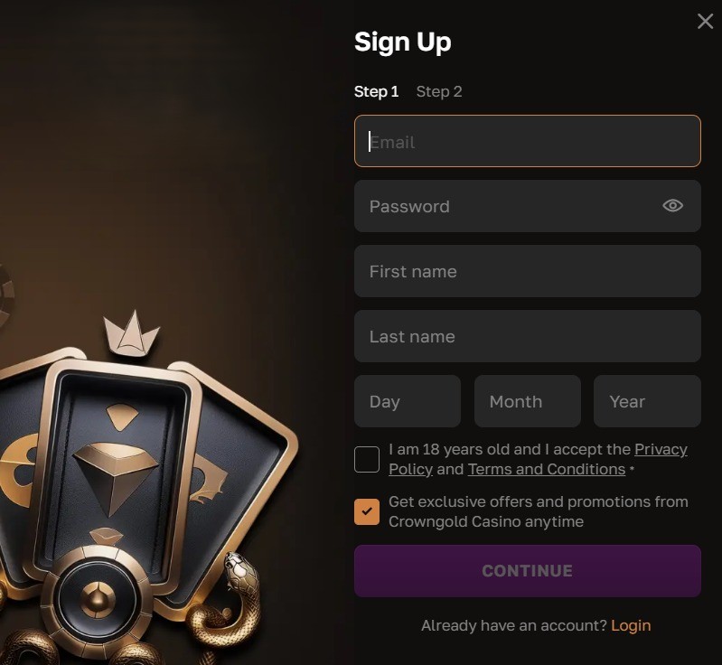 CrownGold Casino sign up form with email, password, name and date of birth fields